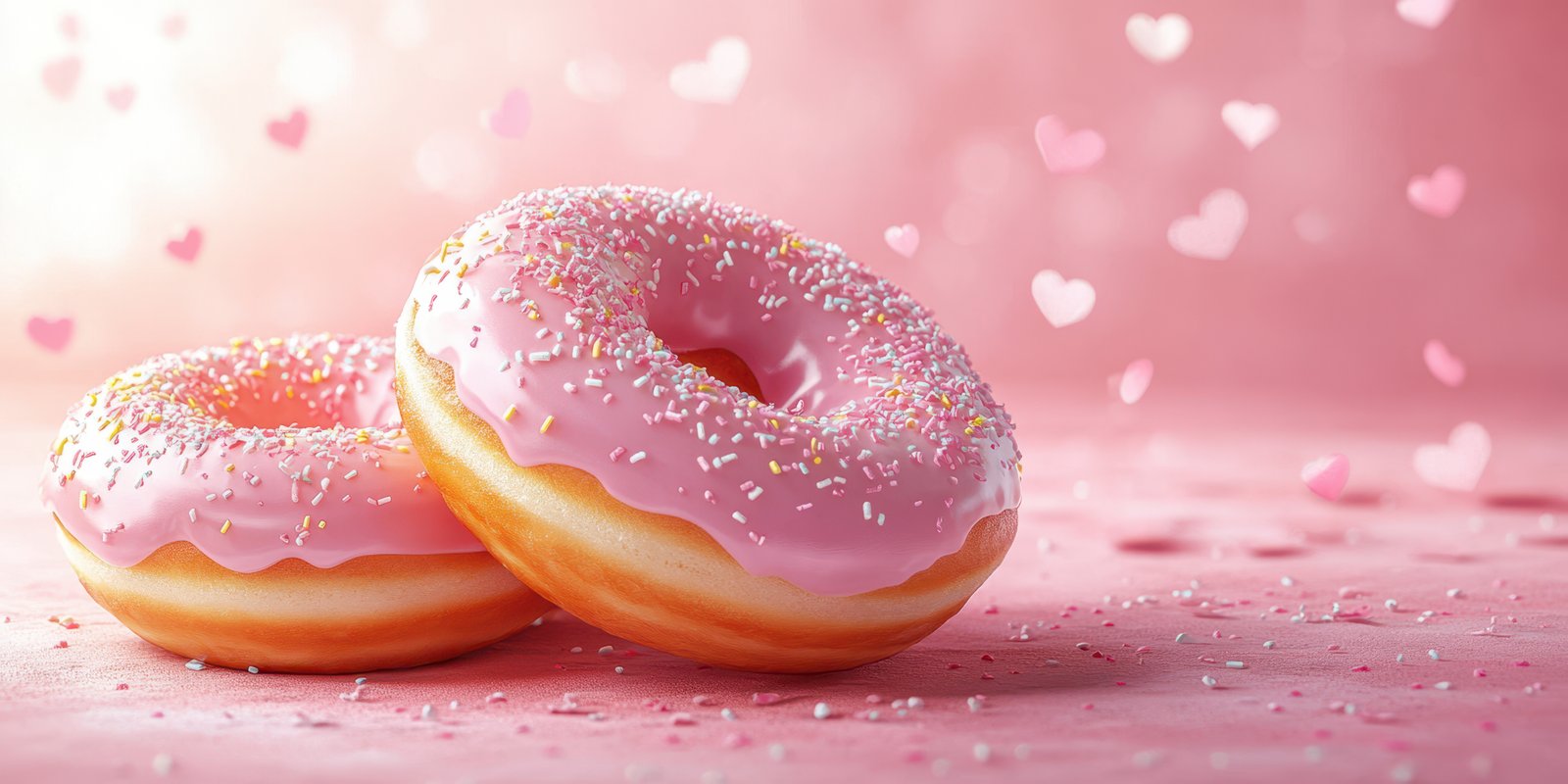 Sweet pink donuts with sprinkles on a pastel background decorated with hearts